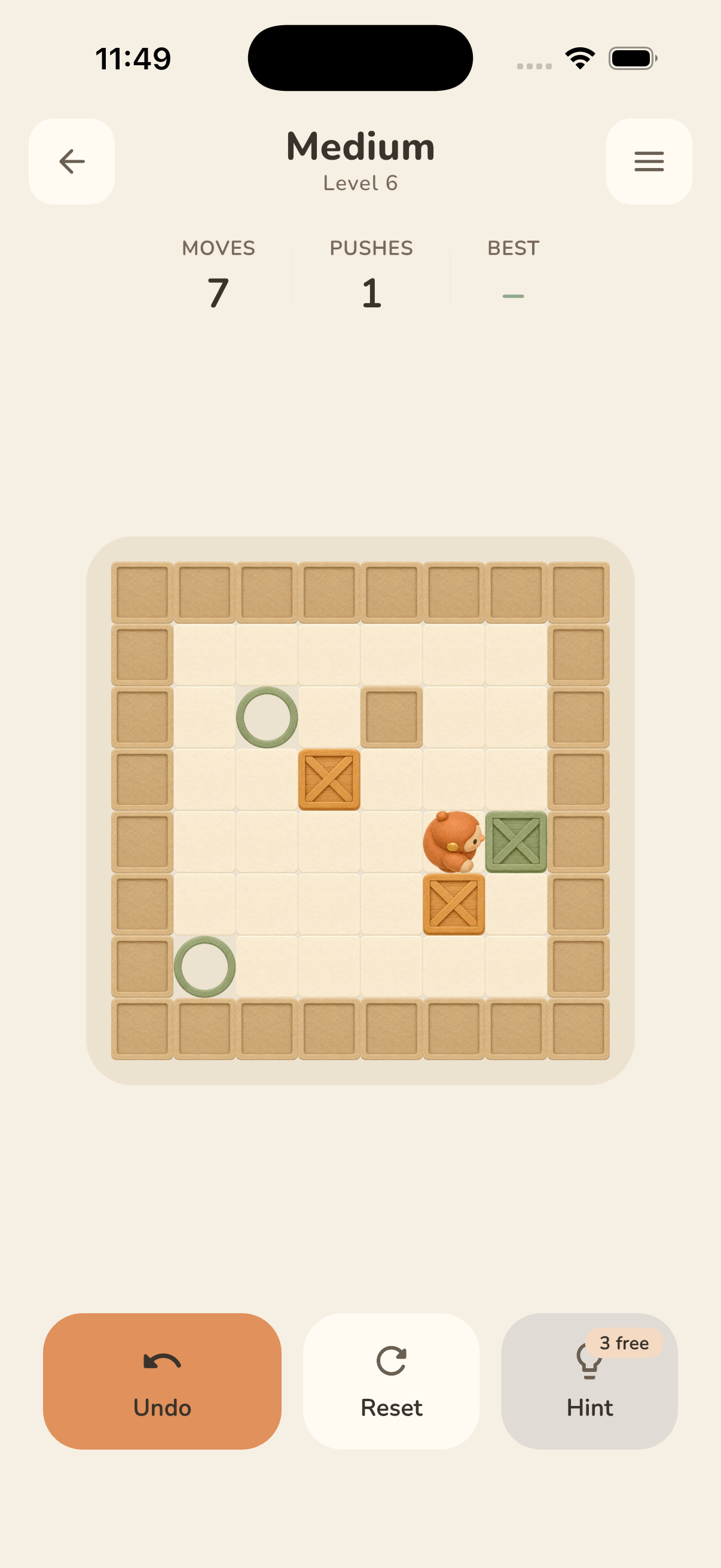 Gameplay screen showing level select and level completion state.