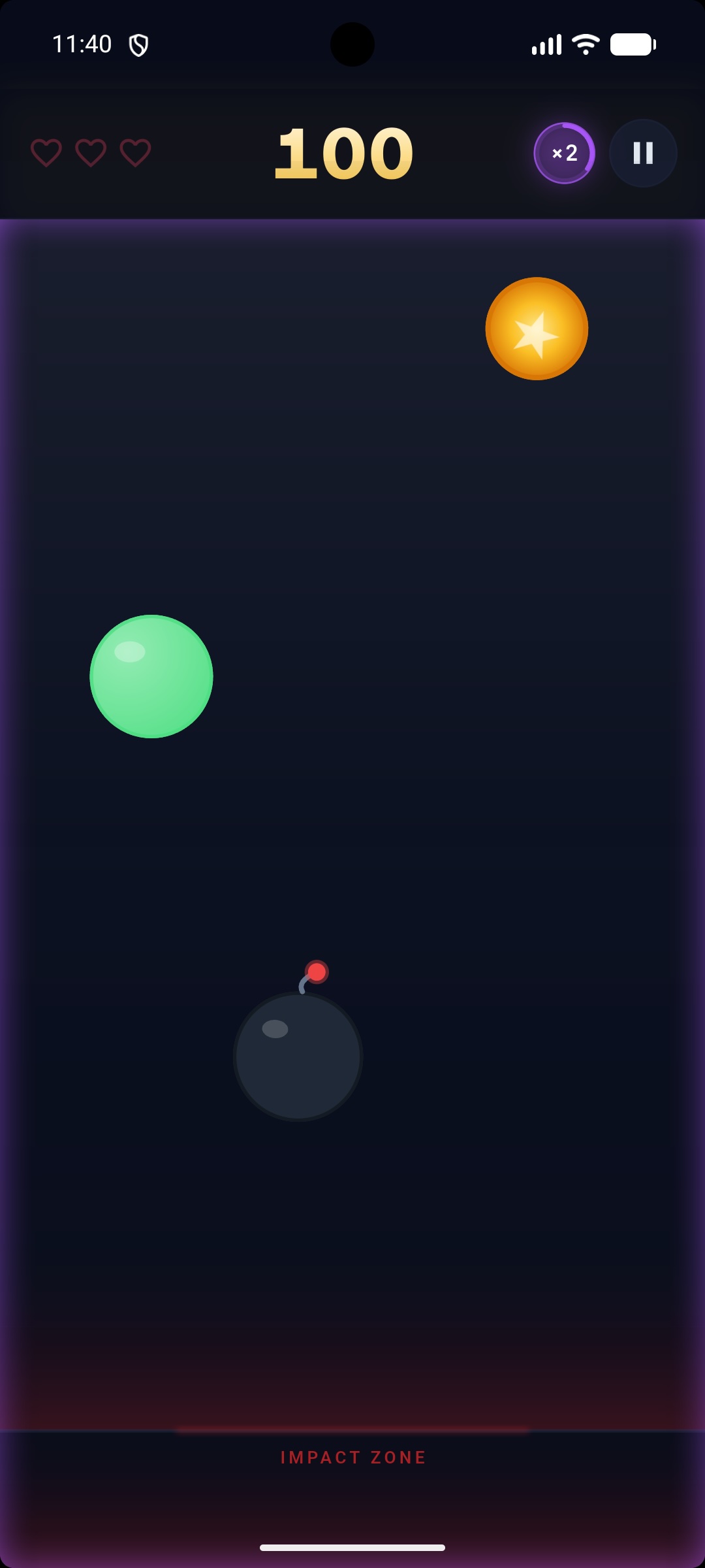 Gameplay screenshot showing score, falling objects, bomb, and impact zone.