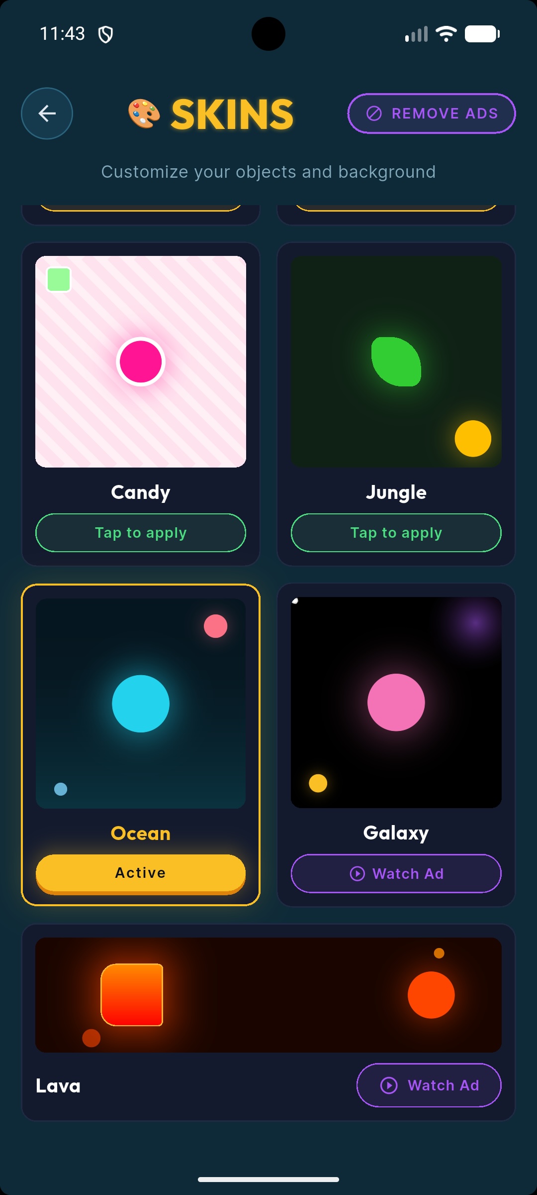 Skins screen showing Candy, Jungle, Ocean, Galaxy, and Lava themes.