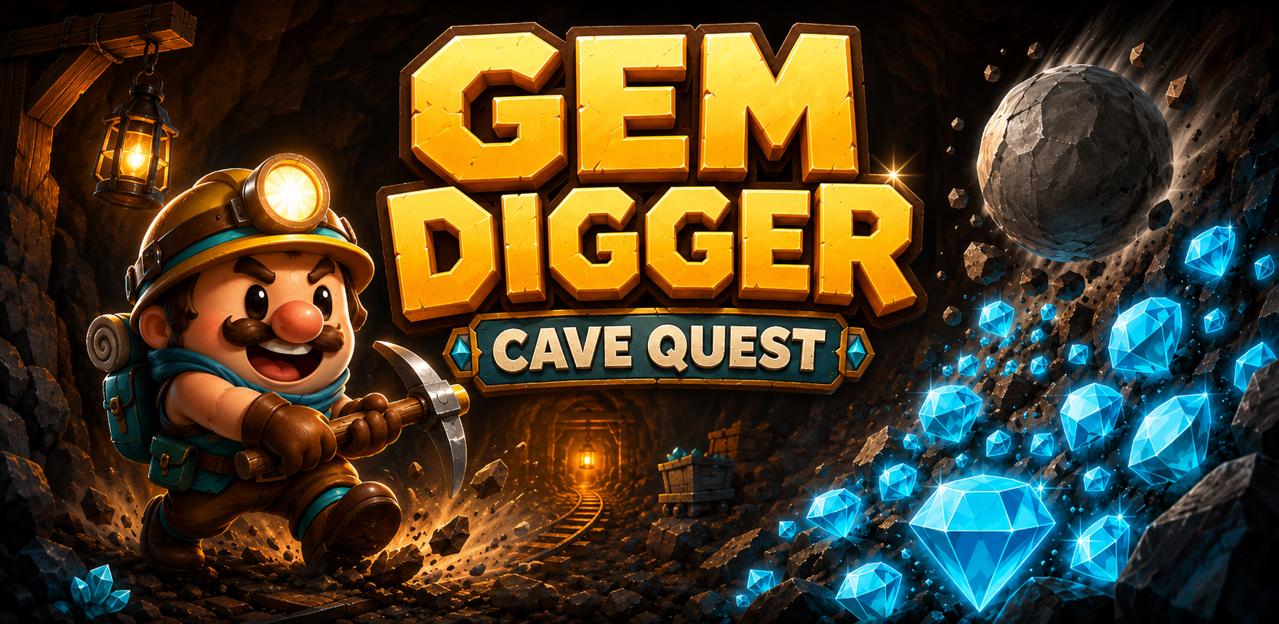 Gem Digger: Cave Quest — a miner digging through a glittering cave full of gems