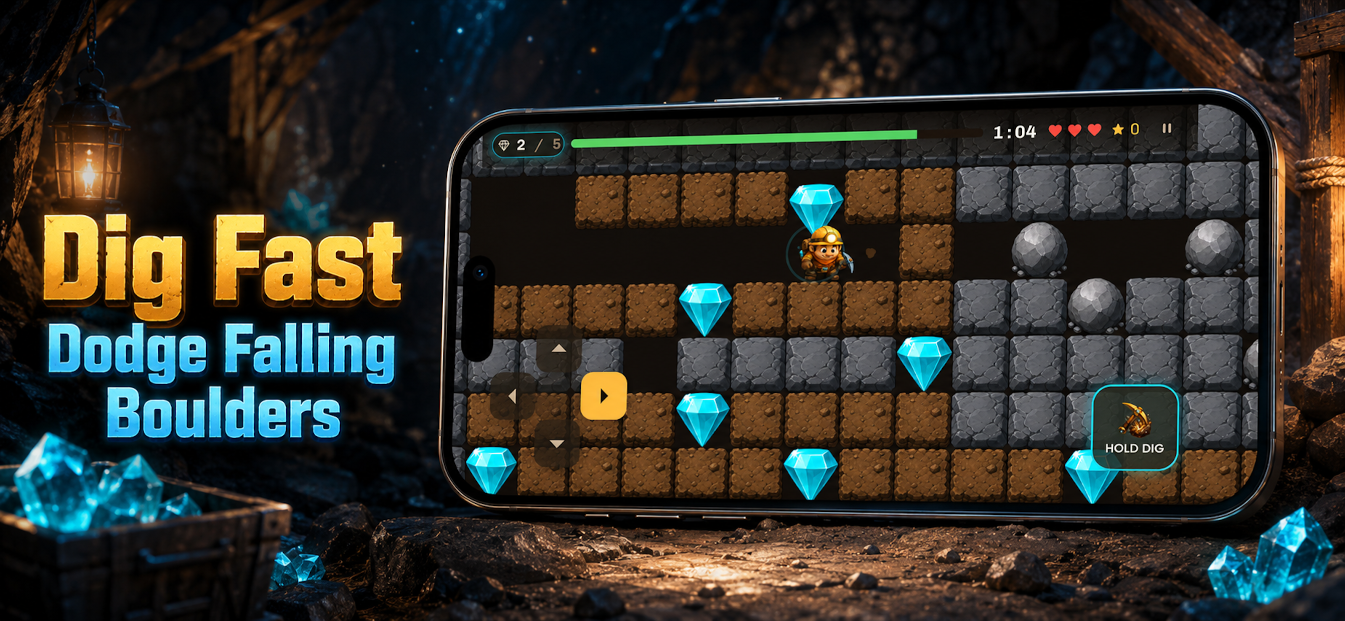 Gameplay: digging fast and dodging falling boulders