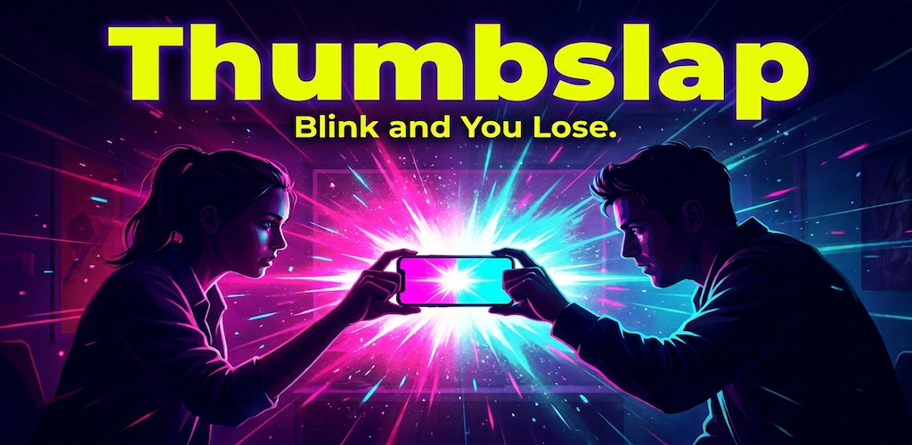 Two players dueling on one phone with neon pink and cyan energy