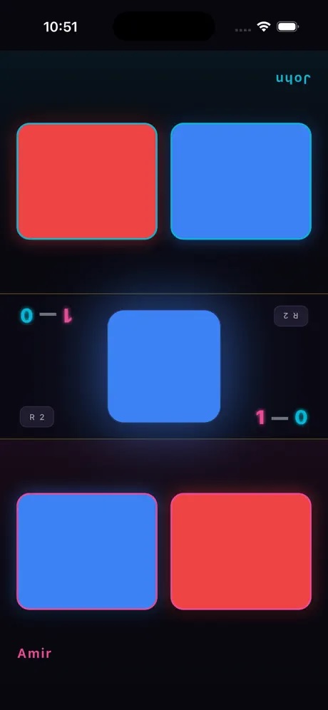 Thumbslap gameplay screen with mirrored red and blue answer buttons