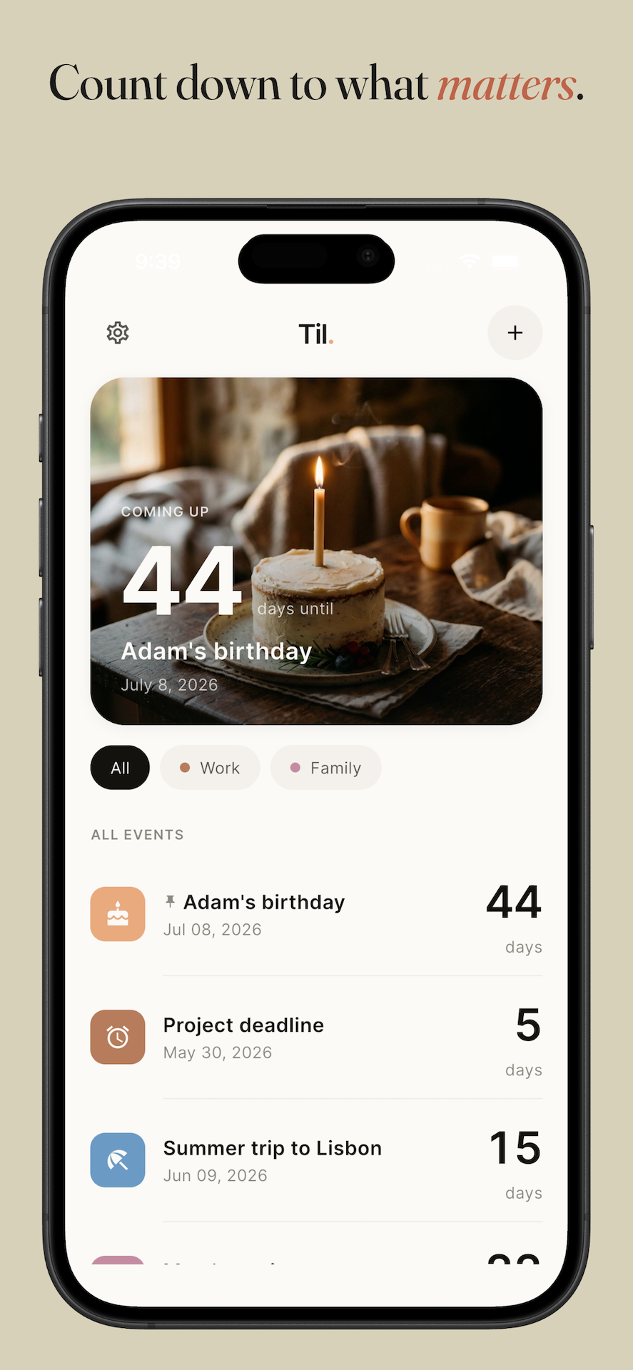 Til. home screen showing a featured countdown to Adam's birthday and a list of upcoming events with day counts.