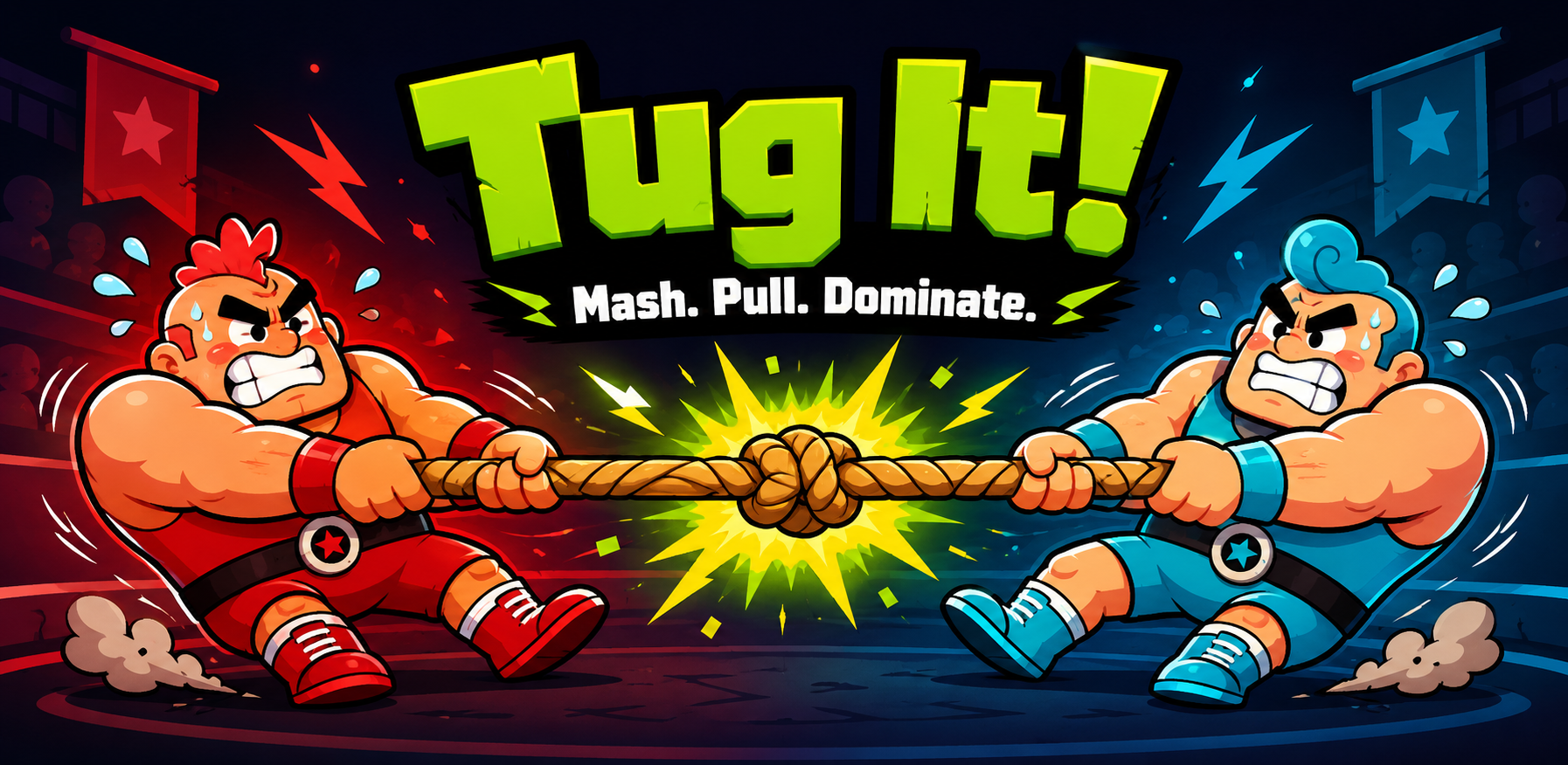 Red and cyan cartoon players pulling a rope in Tug It