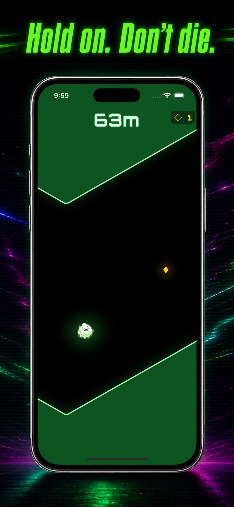 Updraft gameplay: a glowing flyer threading a tight neon cave at 63 meters.