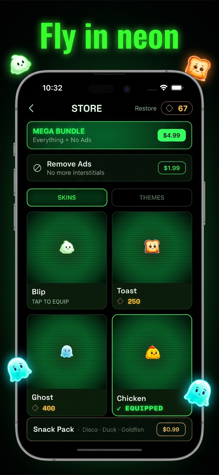 Updraft store screen showing skins like Blip, Toast, Ghost, and Chicken.