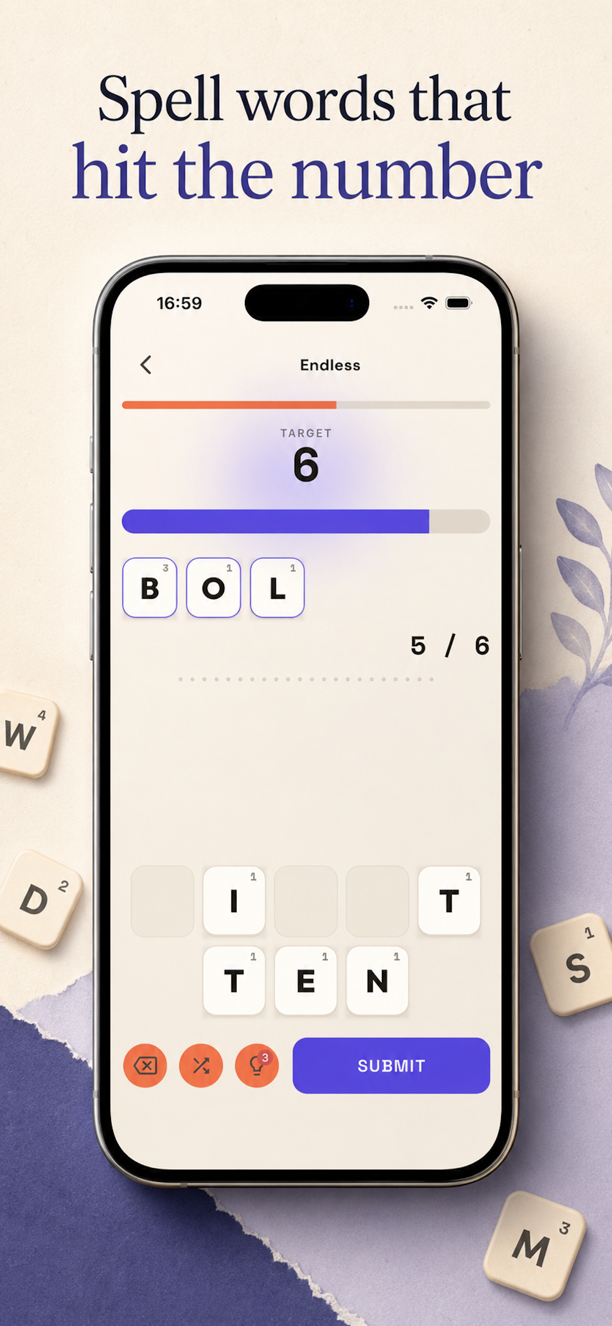 WordSum Endless mode: spelling a word to hit the target number 6