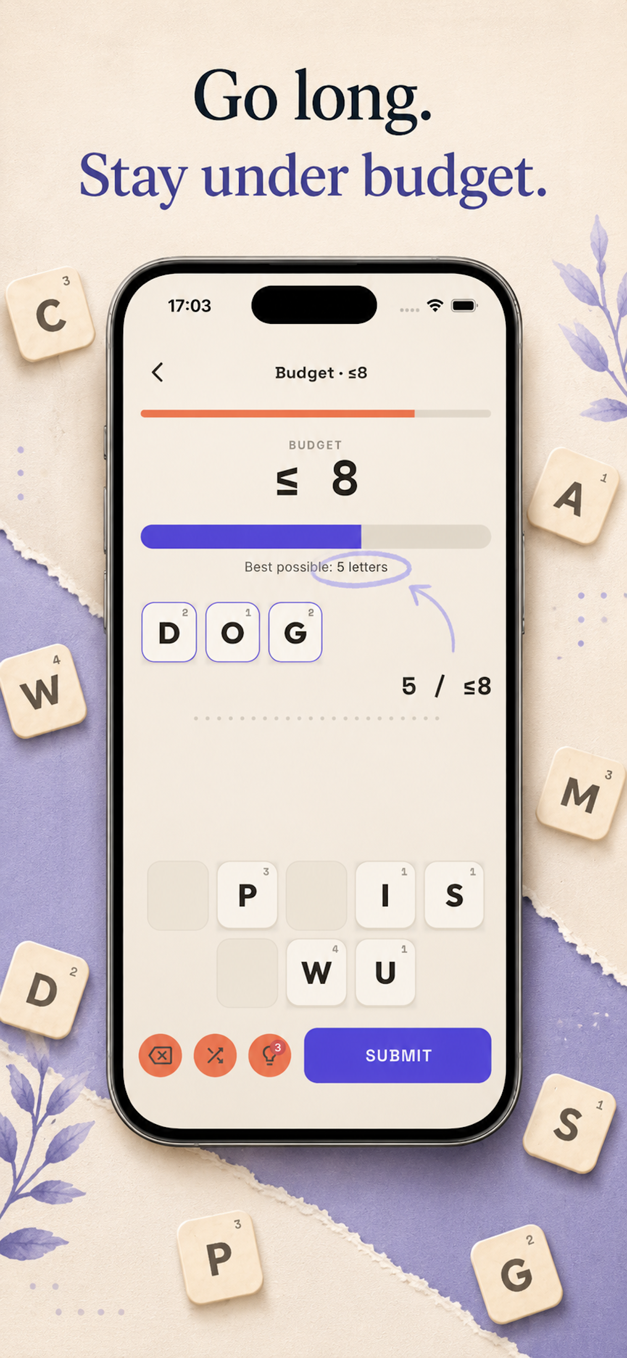 WordSum Budget mode: spelling a long word while staying under a budget of 8