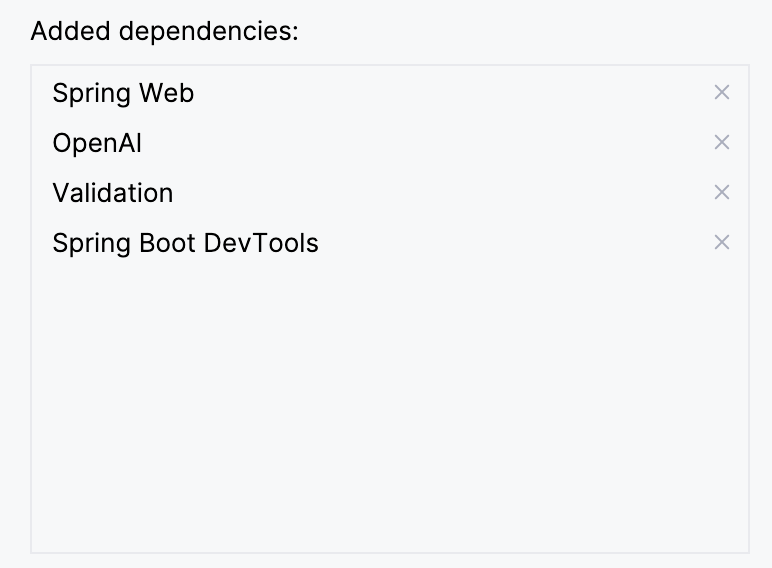 Dependency selection: Spring Web, OpenAI, Validation, and optional DevTools