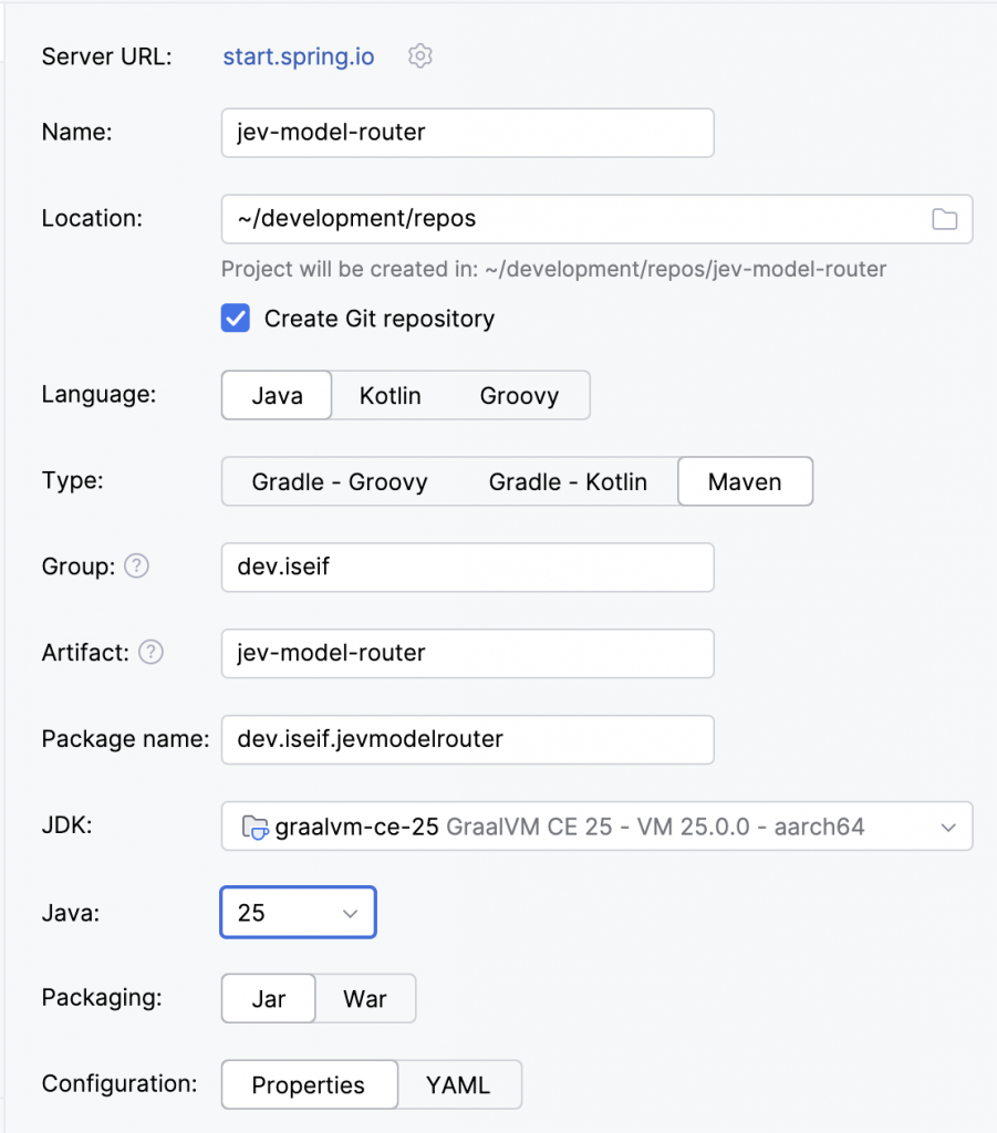 Spring Initializr project settings: Java 25, Maven, and jev-model-router